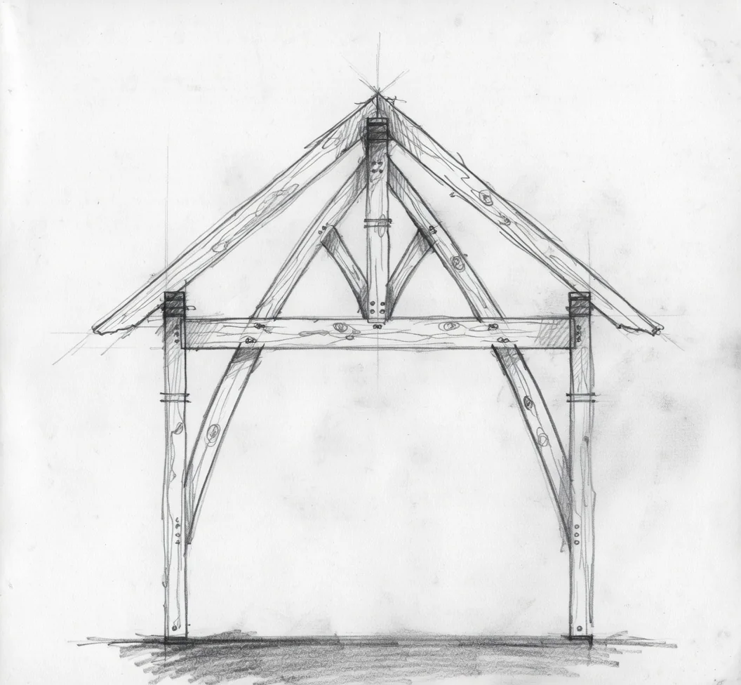 Cruck Frame: Curved timbers rise from the ground to the ridge, forming a natural arch. An old-world look with incredible character.